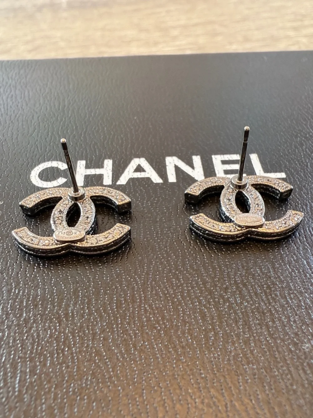 CHANEL CC Stud Earrings Silver Metal Black & Crystal Pre-Fall 2014